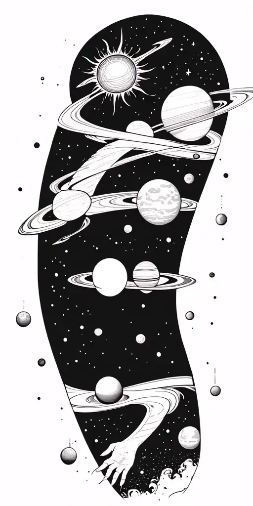 Universe with sun on the shoulder, planets with orbits around biceps and triceps tattoo design idea