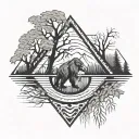 Nature eye, bigfoot, weeping willow, waterfall tattoo design idea