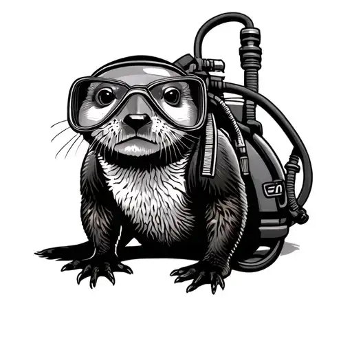 Otter wearing diving equipment, scuba gear and oxygen tank tattoo design idea