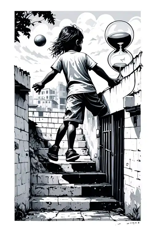 child from behind climbing the stairs in the favelas with ball in hand and hourglass in the sky tattoo design idea