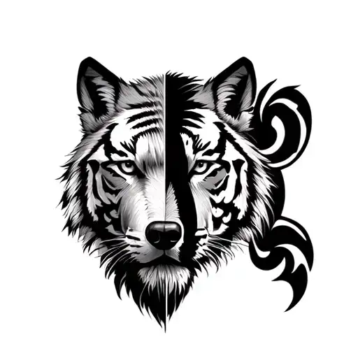 half wolf and half tiger face tattoo design idea