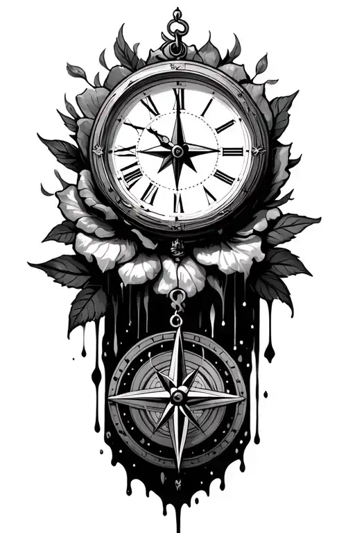 compass time clock melting, rose greek mythology,  tattoo design idea