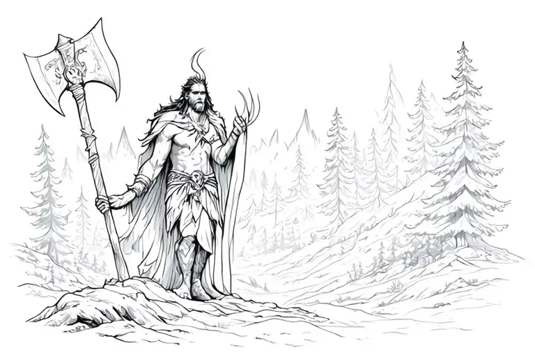 god perun with an axe and a forest scene tattoo design idea