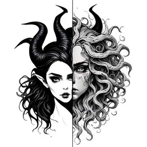 half Maleficent And Half Medusa Head tattoo design idea