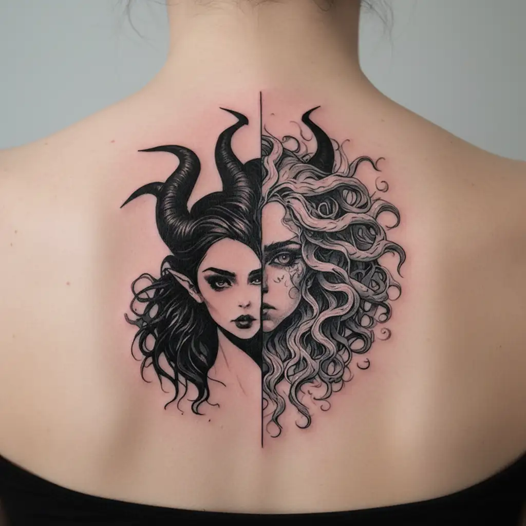 half Maleficent And Half Medusa Head tattoo design idea