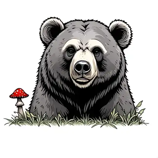 Grateful Dead bear in forest with small mushroom detail tattoo design idea