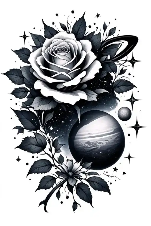 3. Galaxy / Cosmos Theme    Between the rose and shoulder — stars, planets, or nebulas.    Adds depth and "dream" as tattoo design idea