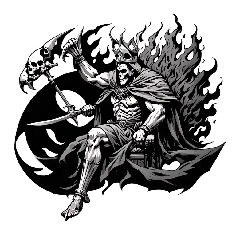 Ares wearing a bone crown, cloak made of spears and skulls, flames and shadows rising behind his war-torn throne tattoo design idea