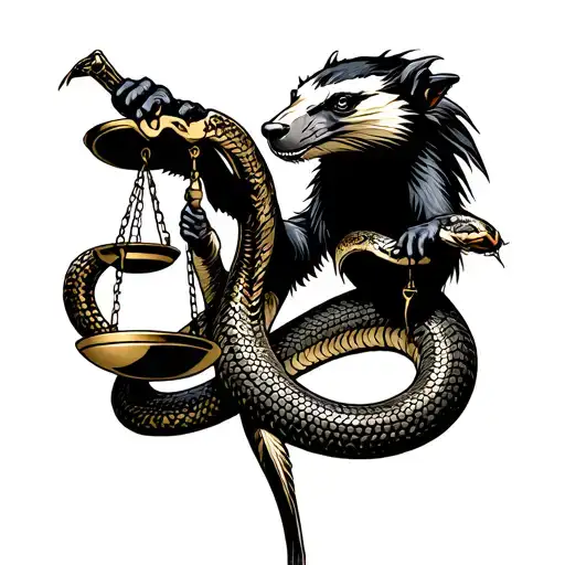 honey badger killing the snake of justice holding scales tattoo design idea