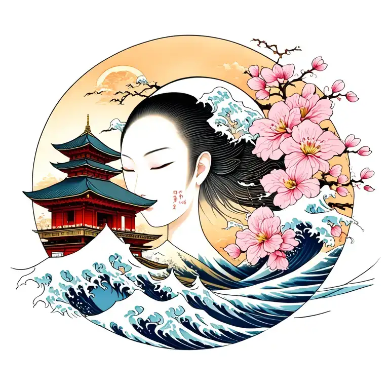 Asia by Hosukai with temple, cherry in flower, samurai and great wave tattoo design idea
