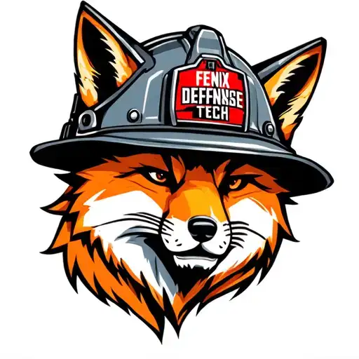 "Fenix Defense Tech" Fox head wearing Fireman helmet. tattoo design idea