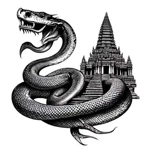 Angkor wat and Cambodia and snakes wrapping tattoo design idea