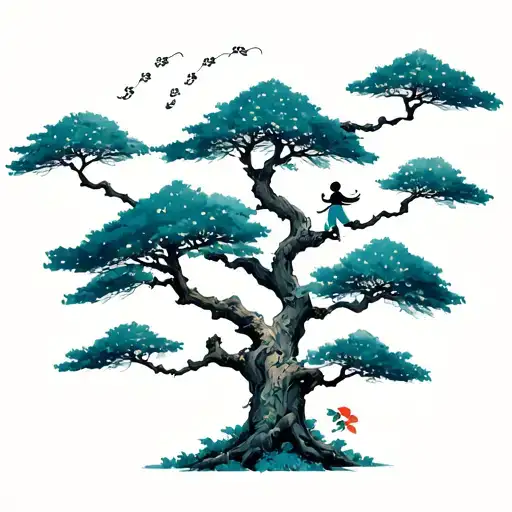 studio ghibli kodamas blowing in the wind on top of a tree tattoo design idea