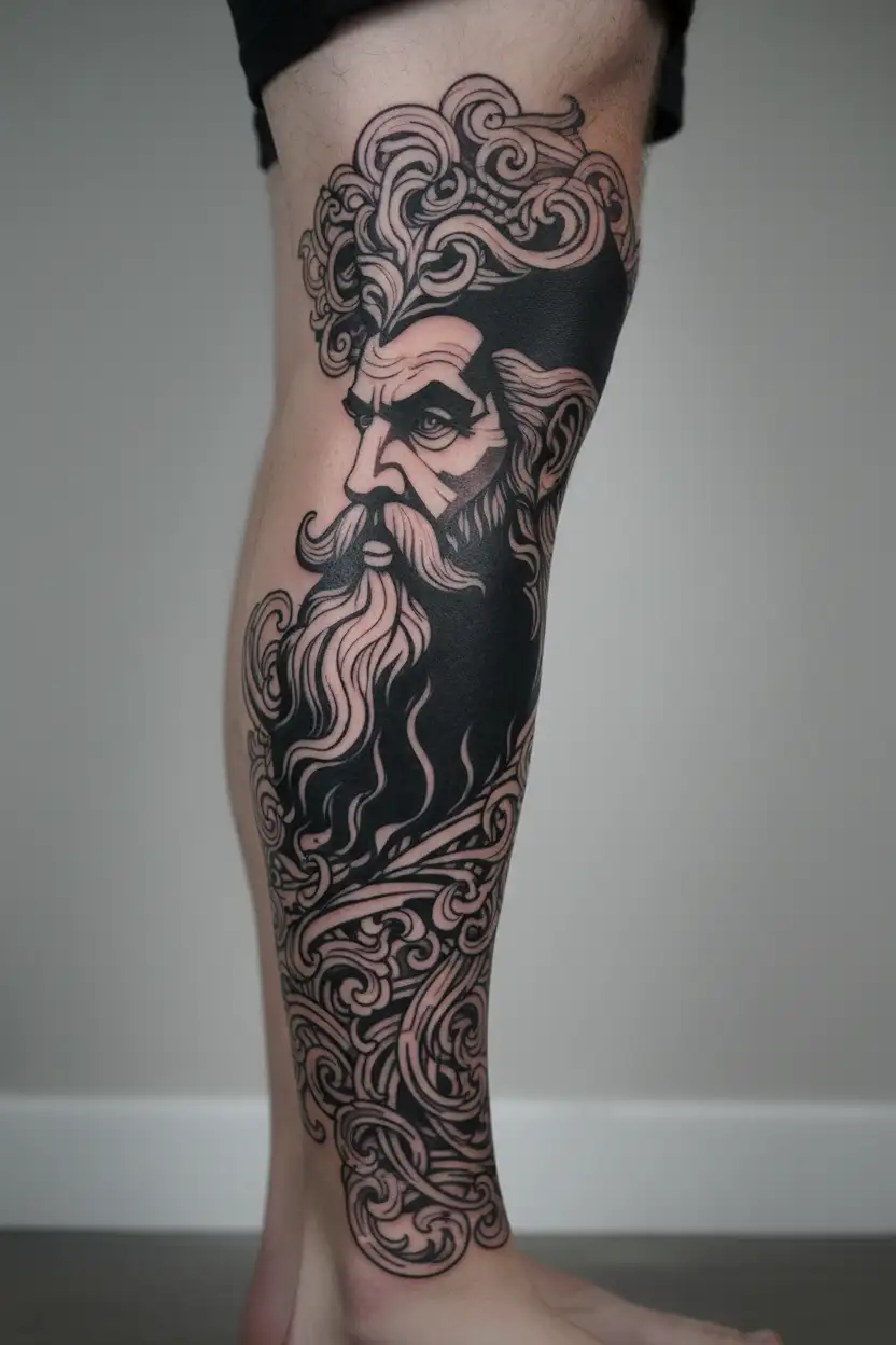powerful and majestic depiction of Zeus, with flowing hair, a regal beard, and intense eyes, symbolizing strength. tattoo design idea
