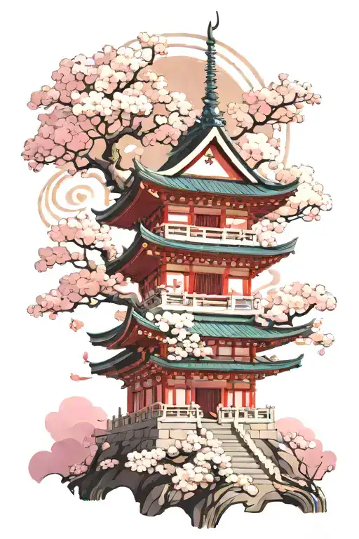 Japanese temple with a few big cherry blossoms and swirl clouds tattoo design idea