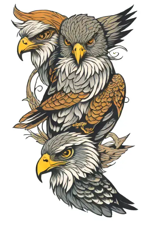 male and female hawks embracing each other morphing into each other tattoo design idea