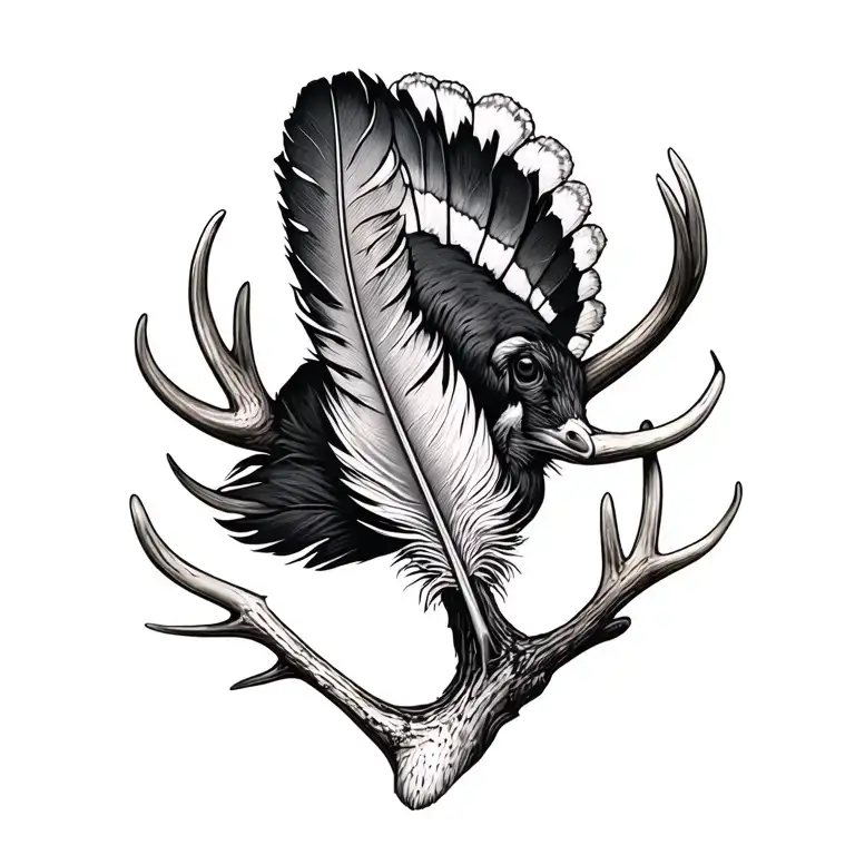 deer antler and turkey feather tattoo design idea