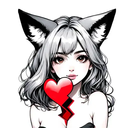 woman with fox ears stitching together a broken heart tattoo design idea