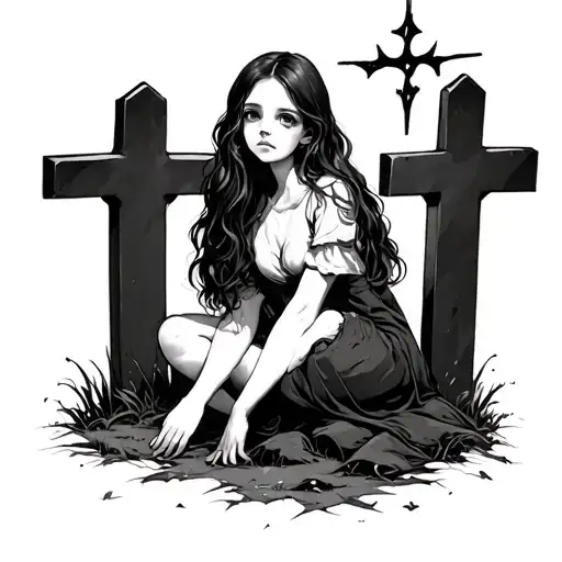 a girl sit between the graves  and talk with ghosts tattoo design idea