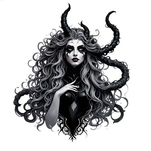 melificent  full body hair down with repunzels tower and medusa tattoo design idea