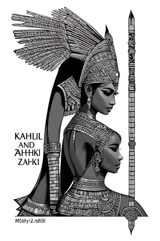 "Kahlil and Zahki" Black Egyptian queen bimbo warrior woman tattoo design idea
