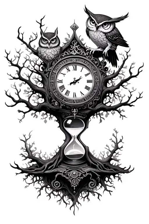 tree of life, clock, hour glass, owl, mystical creatures tattoo design idea