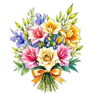 gladiolus, jonquil, rose, sweet pea flower bouquet tied with bow line tattoo colored. tattoo design idea