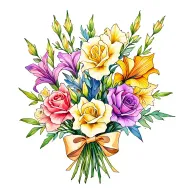 gladiolus, jonquil, rose, sweet pea flower bouquet tied with bow line tattoo colored. tattoo design idea