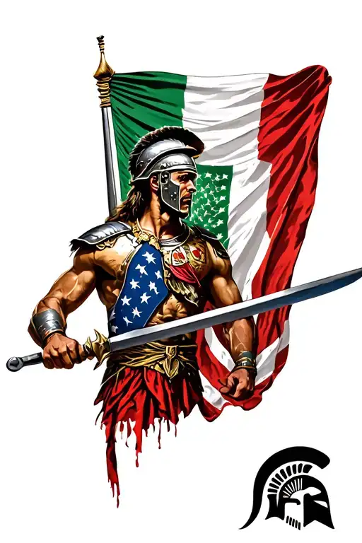 Italian and American flag with Spartan Warrior tattoo design idea