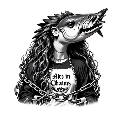 alice from alice in wonderland wrapped in chains wearing an (AIC) Alice in chains shirt  but alice's head is a fish head tattoo design idea