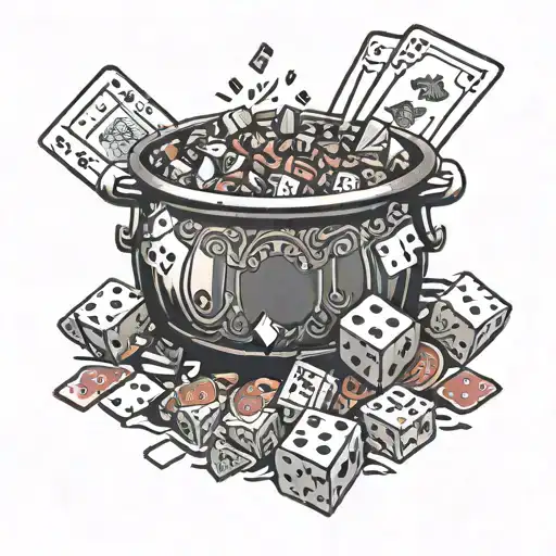 A cooking pot overflowing with dice, cards, and poker chips tattoo design idea