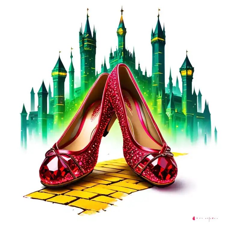 two sparkling ruby ballet slippers with yellow brick road and emerald city in background tattoo design idea