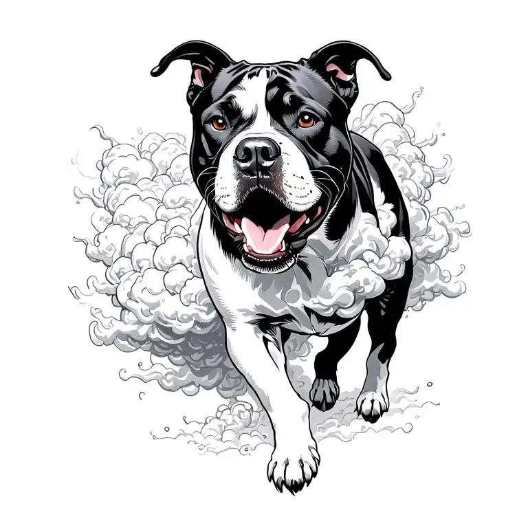 Pitbull walking through a milky white cloud of demons that are other big dogs tattoo design idea