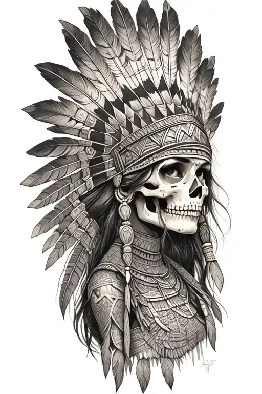 aztec warrior girl, skeletal face, crown warrior-like appearance feathers, spirituality, face looking to left tattoo design idea