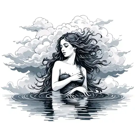 woman in clouds and pond surrounded tattoo design idea