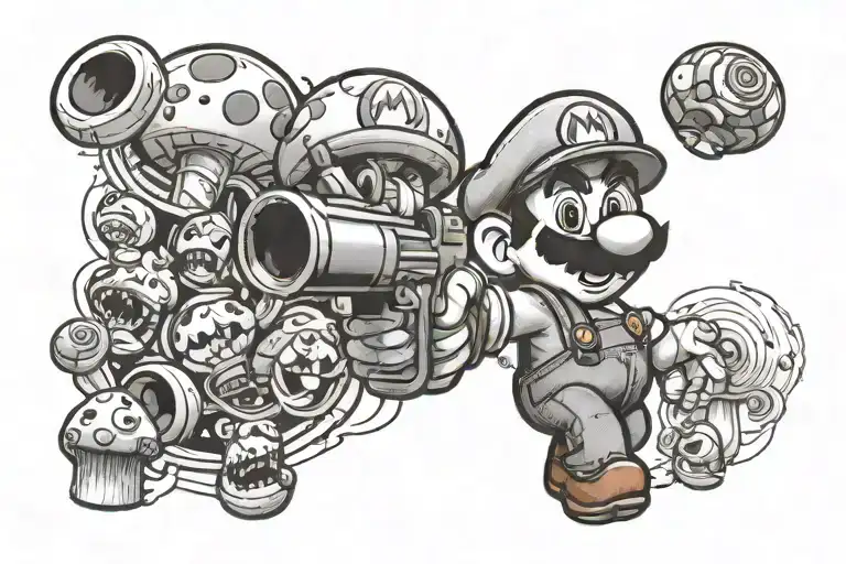mario pointing gun to Mushroom tattoo design idea