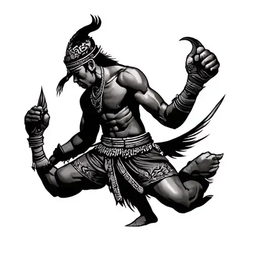 Motif: A Thai warrior (inspired by ancient Muay Thai or Siam warriors) is in a fighting attitude, tattoo design idea