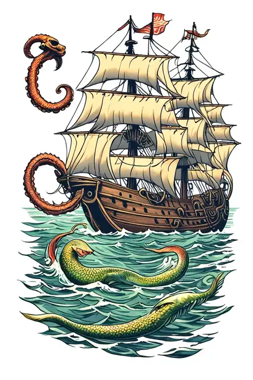 old school Sailors pirates kraken sea ships mermaids swimming tattoo design idea