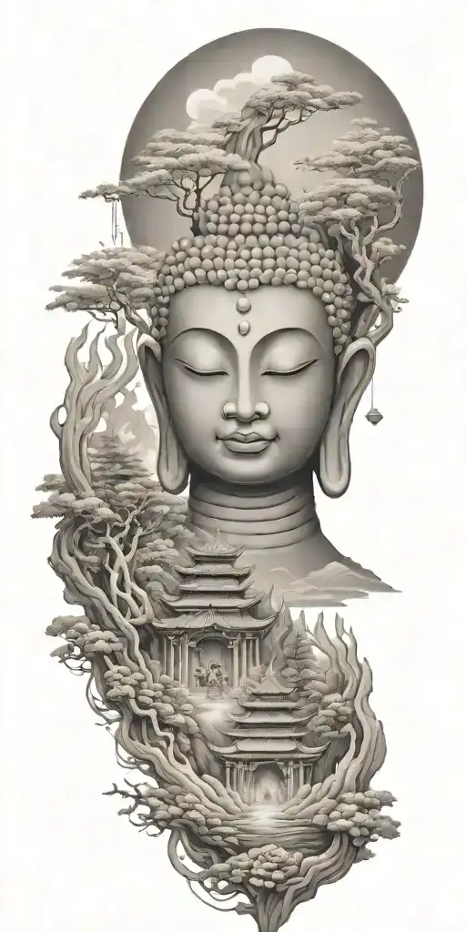 spiritual buddhist tattoo featuring a traditional scenary and nature including spiritual elements and budda. no frame tattoo design idea