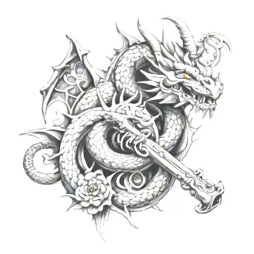 Dragons and guns money drugs tattoo design idea