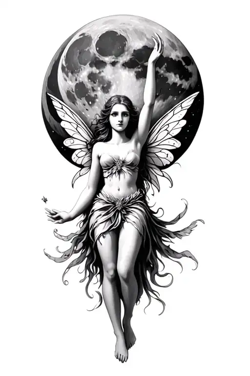 Fairy reaching for the full moon with both hands reaching tattoo design idea