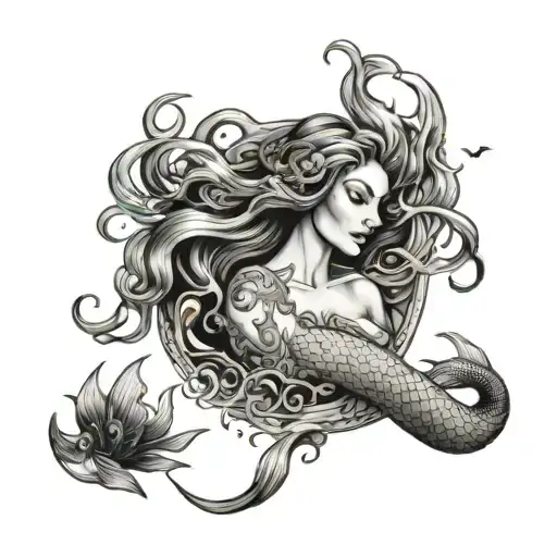 Illustration of a seductive mermaid surrounded by swirling waves and sea creatures tattoo design idea