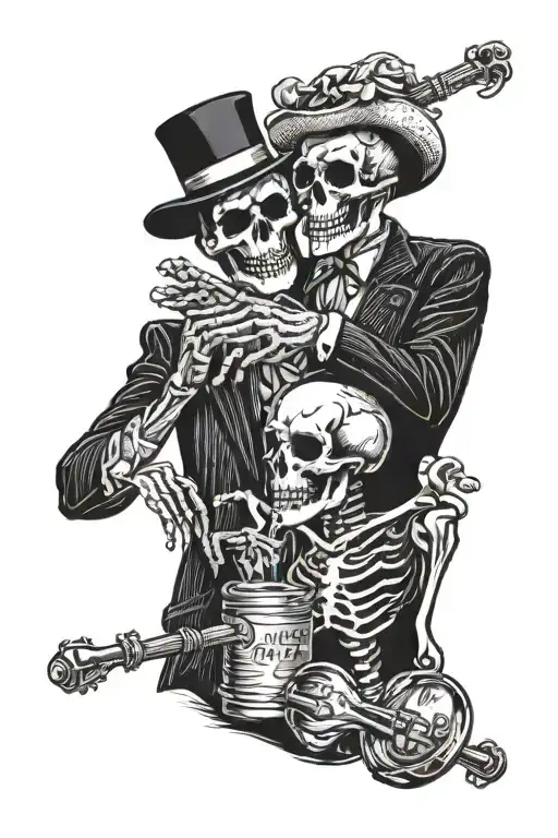 Traditional & old school tattoo style with 2 skeleton playing music and drinking whisky and the last 2 people are real n tattoo design idea
