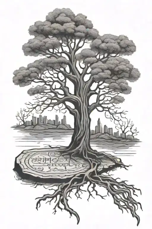 life tree + grave stone tattoo design idea