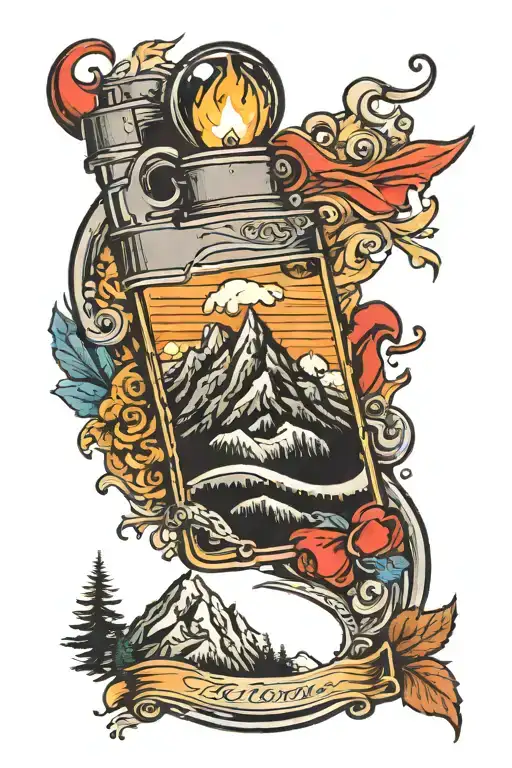 lighter with mountain design inside tattoo design idea