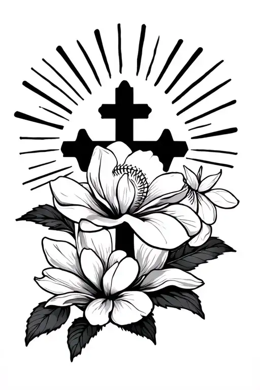 shaded, simple cross, sun rays, baseball home plate, stars, magnolia flower dark sleeve tattoo design idea