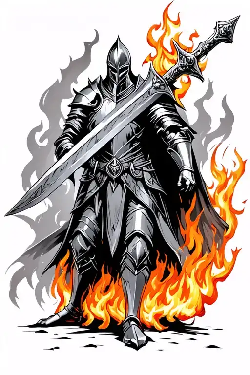 Black knight with considerable battle damage holding Excalibur standing in flames tattoo design idea