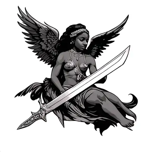 African angel holding a sword tattoo design idea