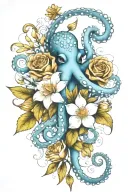octopus, snowdrop, rose , marigold   bouquet tattoo design idea