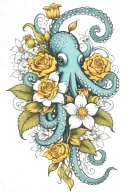 octopus, snowdrop, rose , marigold   bouquet tattoo design idea